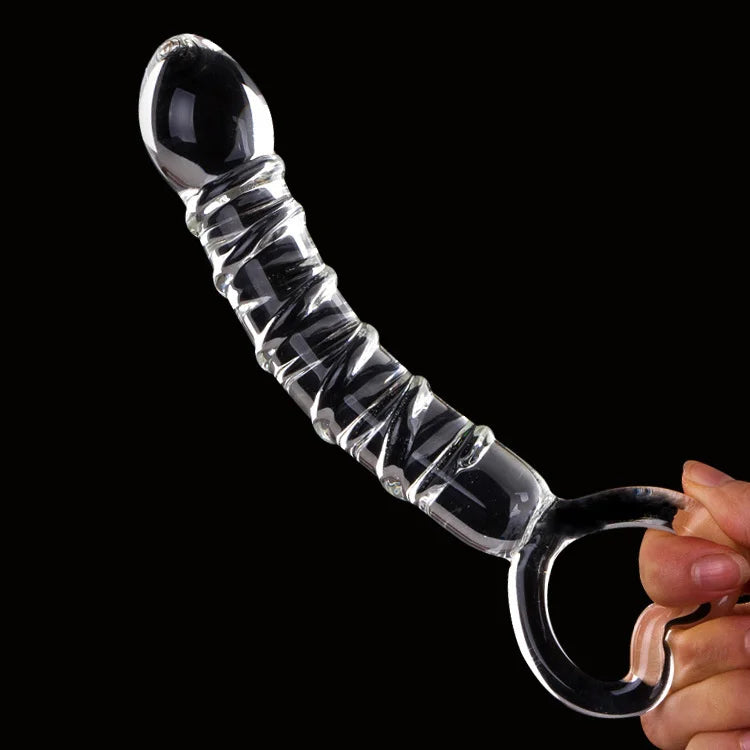 Luxury Glass Dildo with Handle, 21 cm Length, Spiral Structure, and Bulbous Head - Intense Pleasure.