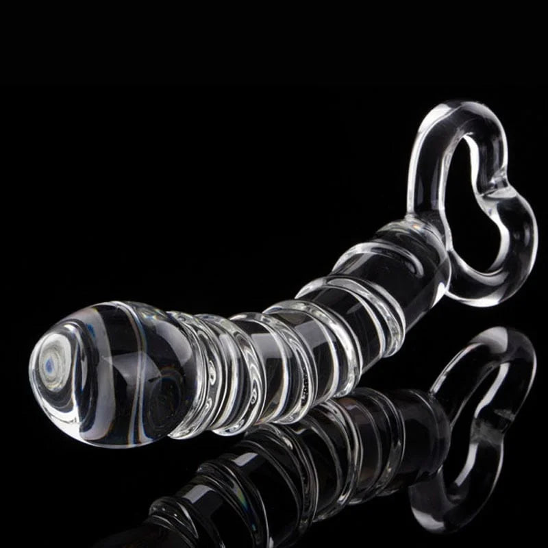 Luxury Glass Dildo with Handle, 21 cm Length, Spiral Structure, and Bulbous Head - Intense Pleasure.